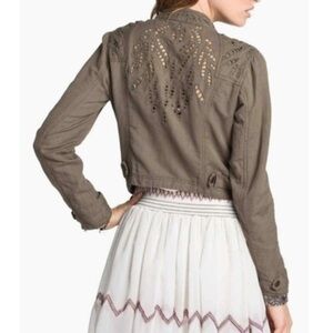 Free People Logo Cutout Woven Cotton Linen Olive Green
Cropped Moto Jacket